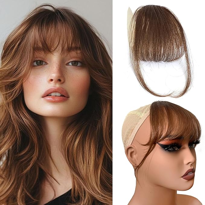 Clip-In Wispy Bangs with Temples -100% Human Hair Bangs Extension for Women, Natural Looking Front Hairpiece for Daily Wear, Light Brown
