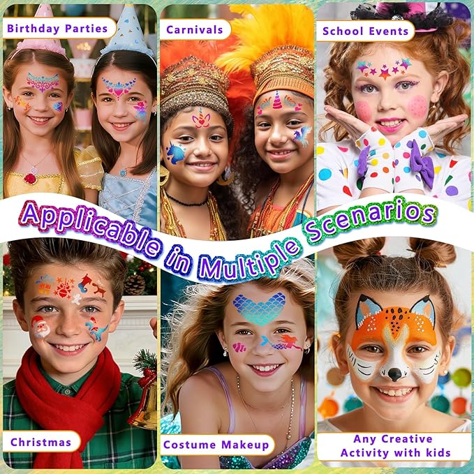 Water Activated Face Paint Professional Kit, Water Based Face Paint for Kids, 42 Color Non-Toxic Face Painting with 15 Stencils, Gems, Brushes,8 Tattoo Stencil for Christmas, Party, Carnival, Festival