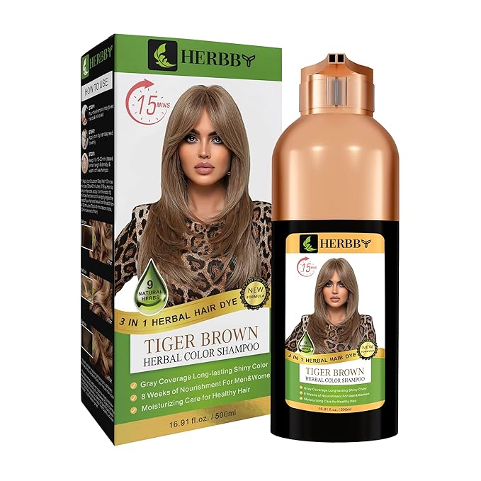 HERBBY Hair Color Shampoo for Gray Hair Coverage&Color Transform with 9 Herbal Extracts –Long Lasting(6-8 Weeks),Shiny,Evenly Colored,Instant Hair Dye Shampoo&Conditioner, 500 Ml (TIGER BROWN COLOR)