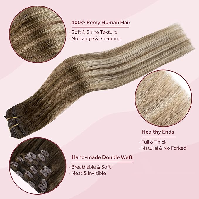 Clip in Hair Extensions Real Human Hair, Silky Straight Remy Hair Extensions for Women, Balayage Walnut Brown to Ash Brown and Bleach Blonde #3TP8/613 16Inch 120G 7PCS