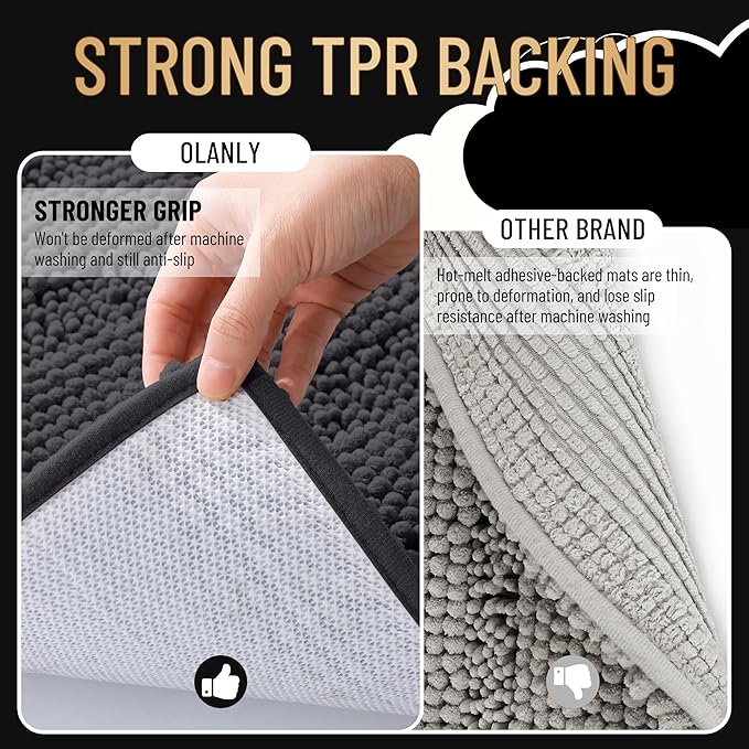 OLANLY Thick Bathroom Rugs 24x16, Extra Soft Absorbent Chenille Striped Bath Rugs, Rubber Backing, Machine Wash Dry, Bath Mats for Bathroom Floor, Tub and Shower, Home Decor Accessories, Dark Grey