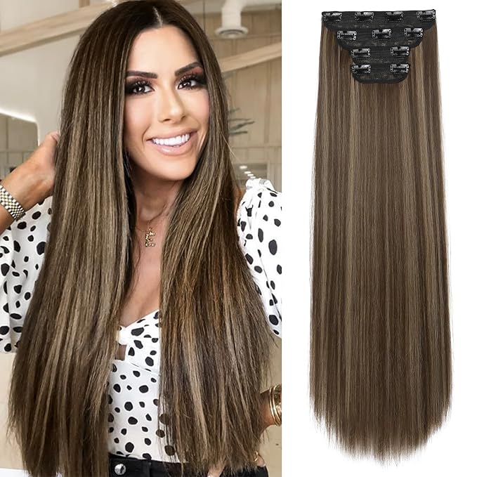 REECHO 28" Straight Long 4 PCS Set Thick Clip in on Hair Extensions -Chocolate Brown with Highlights
