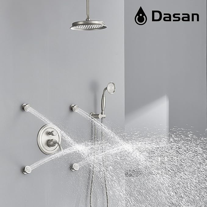 DASAN Antique Shower Faucet Sets Complete Rain Shower System in Wall with Body Shower Spray Jets, Brushed Nickel Shower Fixtures with Rainfall Overhead Shower, Handheld, Shower Valve &Trim, AT249C-BN