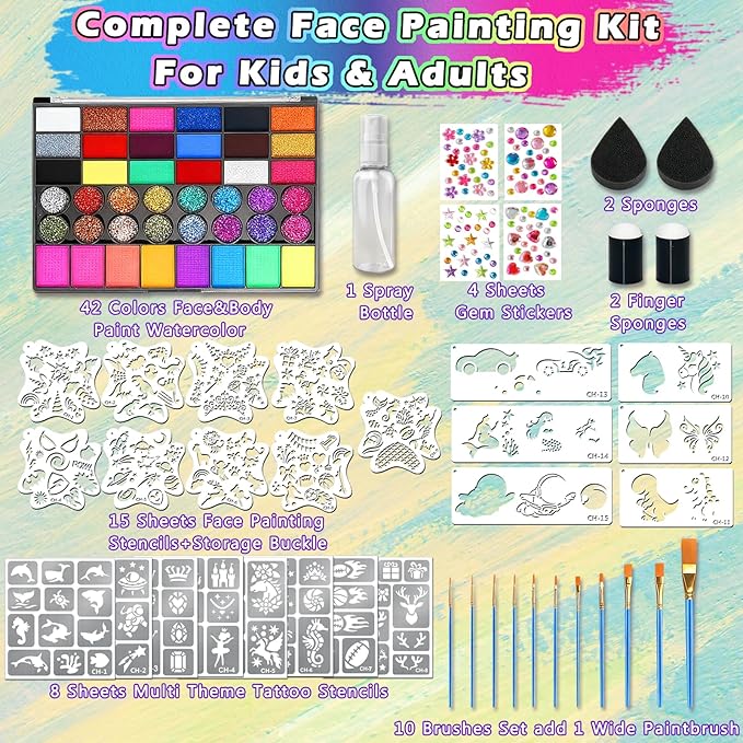 Water Activated Face Paint Professional Kit, Water Based Face Paint for Kids, 42 Color Non-Toxic Face Painting with 15 Stencils, Gems, Brushes,8 Tattoo Stencil for Christmas, Party, Carnival, Festival