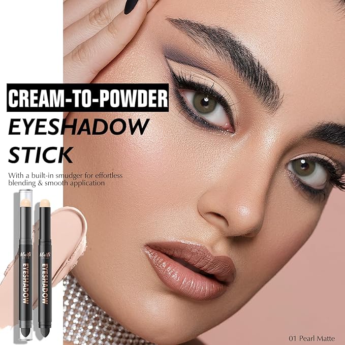 Dual-Ended Pearl Matte Eyeshadow Stick - Long-Lasting Cream Eye Shadow Stick Crease-Proof Eyeshadow Pencil, Easily Blendable Multi-Use Eyeliner Eye Brightener Makeup with Built-in Smudger, 01