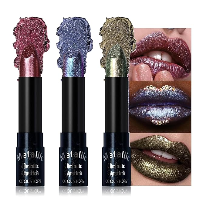 Metallic Glitter Lipstick Set Shimmering Colors Long Lasting Waterproof Plump Matte Moisturizing (Set-E)