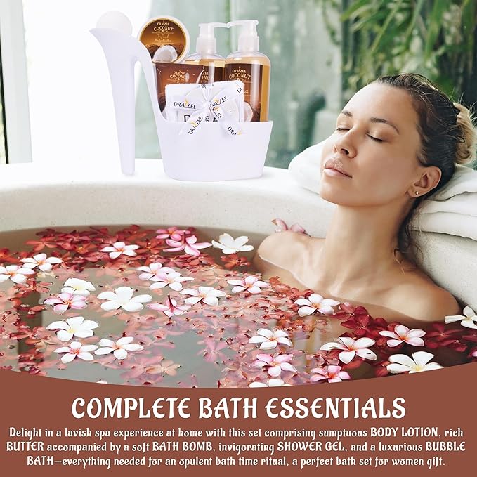 Valentine's Day Gifts for Her - 8 Pcs Luxury Coconut Scented Heel Shoe Bath and Body Spa Basket - Shower Gel, Bubble Bath, Body Butter, Lotion & More - Gift for Women, Mom, Wife, Girlfriend by Draizee