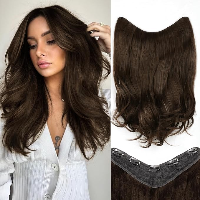 ALXNAN Long Wavy Layered Hair Extensions for Women, Clip in Hair Extensions Clip Ins Soft Full Head Synthetic Hairpieces 16 Inch Chocolate Brown with Dark Brown