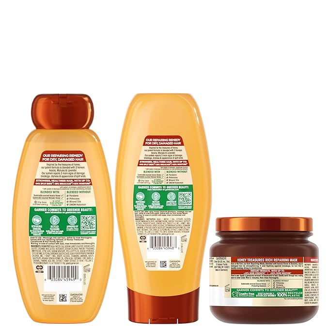 Garnier Whole Blends Honey Treasures Repairing Shampoo, Conditioner + Hair Mask Set for Dry, Damaged Hair (3 Items), 1 Kit (Packaging May Vary)