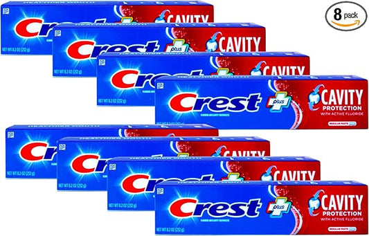 Crest Fluoride Cavity Protection Toothpaste 8.2 Ounce Regular Paste, Bulk Toothpaste, Prevents Cavities Before They Start (8 Pack)