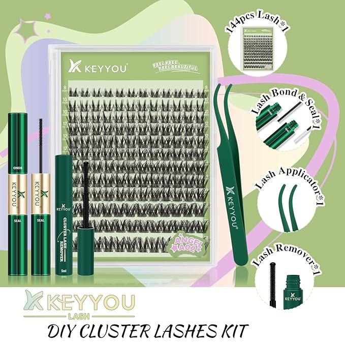 KEYYOU LASH Extension Kit 144Pcs Angel Lash Clusters Kit Thick Eyelash Extension Kit with Glue and Seal,Tweezers,Remover for DIY lash extension kit at Home（Kit-Angel A02-D-8-18MIX）