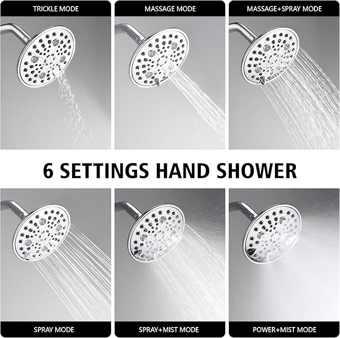 sumerain Tub and Shower Faucet Set with 6-Setting Shower Head, Modern Wall Mounted Tub Shower Systems with Valve and Trim Kit,Chrome