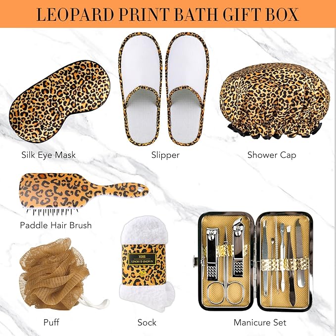 Valentines Day Gifts for Women, 20 Pcs XXL Leopard Bath and Body Gift, Skin Care Set, Self Care Gifts Set, Mother's Day, Birthday, Home Spa Kit, Holiday, Christmas, Shower Cap, Manicure Set