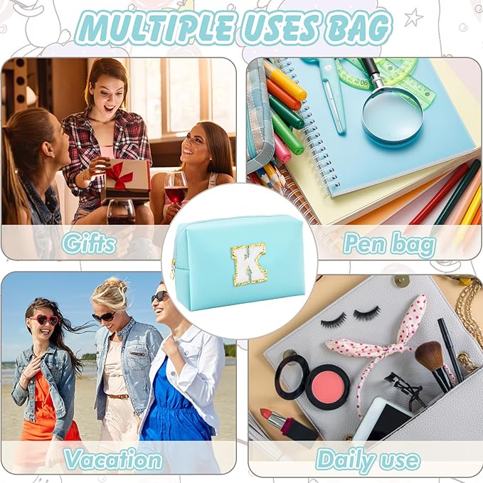 URSKYTOUS Gifts for Girls Initial Makeup Bag Personalized Cosmetic Bag with Zipper Cute Travel Toiletry Bag Waterproof PU Preppy Makeup Pouch Birthday Gift for Teen Girls Women(Blue K)