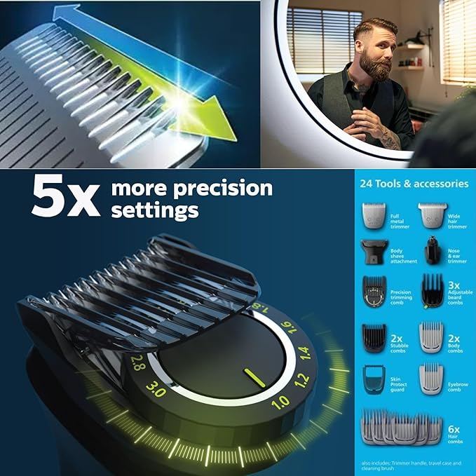 Philips Multigroom Series 9000 24-in-1 Trimmer Beard, Hair & Body Grooming Kit | Precision Trimming Comb, Self-Sharpening Steel Blades, BeardSense Technology, Waterproof, Packaging May Vary