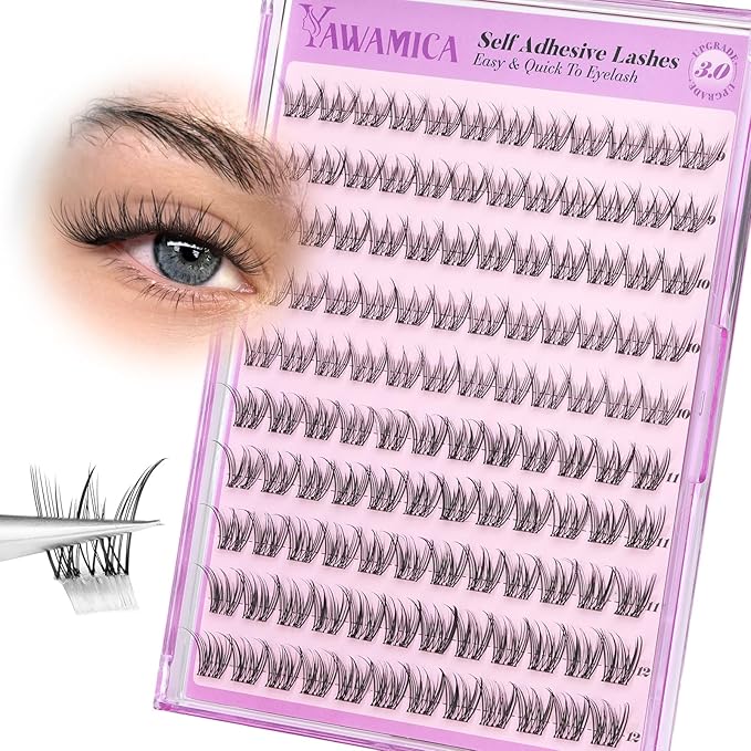 Yawamica Self Adhesive Eyelashes Natural Lash Clusters 9-12mm Pre-Glued Wispy Eyelash Clusters No Glue Press On Eyelash Extensions CC Curl Clear Band DIY Individual Lashes for Beginners