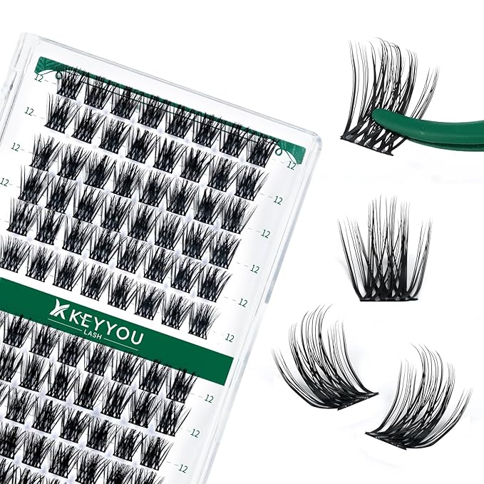 Lash Clusters 96pcs Individual Lashes D Curl 12mm Eyelash Clusters KEYYOU Volume Wispy Lash Extension Soft&Comfortable Easy DIY at Home(Y08,D-12mm)