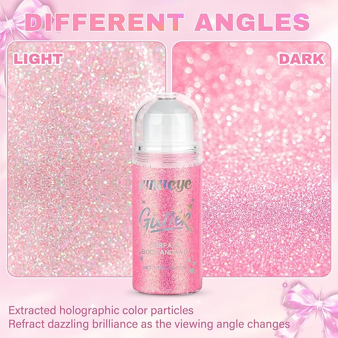 Roll-on Face Body Glitter Gel for Women, 1.69oz Large Capacity Holographic Color Changing Glitter Gel Shimmer Makeup for Singer Concert Festival Rave Accessories, #4 Holographic Pink