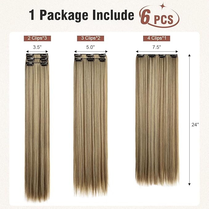 FLUFYMOOZ 6PC Clip in Hair Extensions 24" Straight Long Extensions for Women Synthetic Hairpiece (Brown with Blonde Highlights)