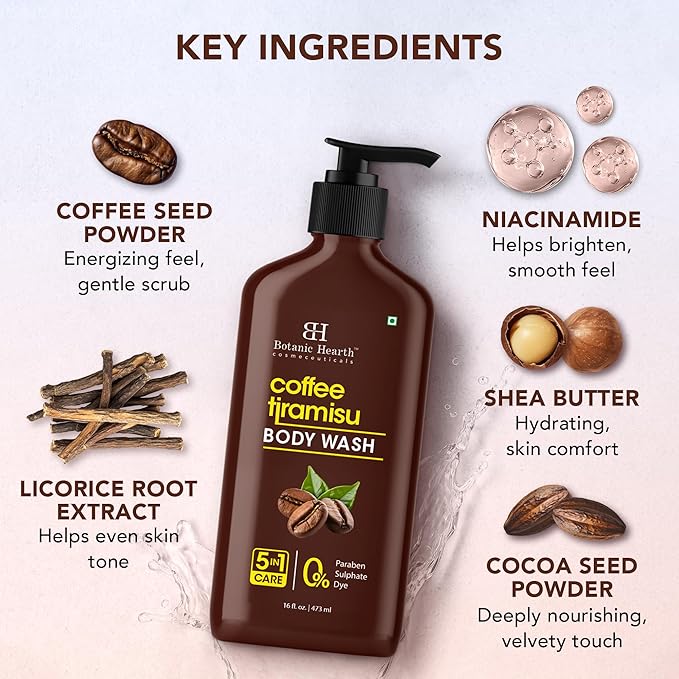 Botanic Hearth Coffee Tiramisu Body Wash – 5-in-1 Nourishing Cleanser with Invigorating Coffee Aroma, Hydrating Formula, Sulfate & Paraben Free – 16 fl oz