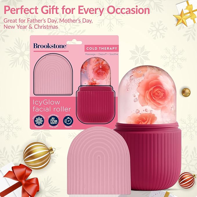 Brookstone IcyGlow Facial Rollers with Rose - Ice Roller for Face, Neck & Under Eyes - Cold Therapy Massager for Puffiness, Redness & Skincare Routine - Soothing Ice Face Roller for Cooling