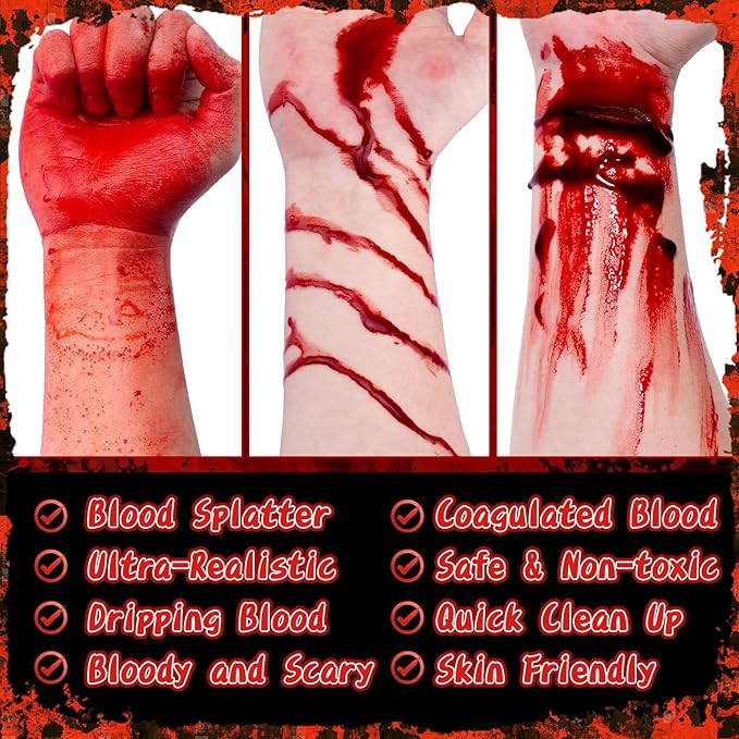 TonJin Halloween Fake Blood Makeup Kit, 3PCS Realistic Washable Costume Blood Set (1.69oz Spray + 1.69oz Dripping + 1.01oz Coagulated ) for Zombie Vampire SFX, Dark Coagulated & Fresh Spray Effects