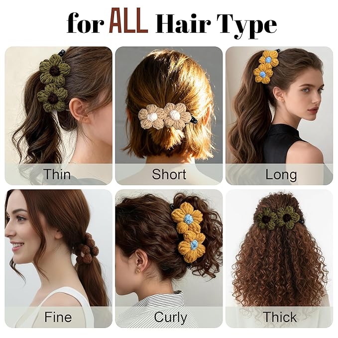 4Pcs Knitted Large Flower Banana Hair Claw Clips, Boho Yarn Hair Accessories for Women Girls, Non-Slip Floral Hair Jaw Clamps for Thick/Medium/Thin Hair, Cute Banana Hair Clips for Daily decoration