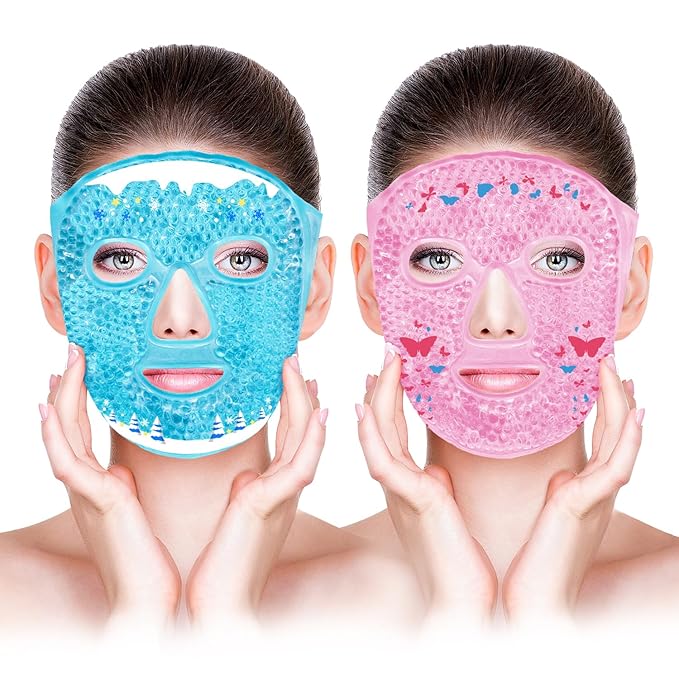 CONBELLA 2PCS Cold Face Eye Masks Ice Face Mask Hot Cold Compress for Dark Circles, Puffiness, Migraines, Headache, Stress, Redness, Cooling Face Masks for Women Man, Skin Care