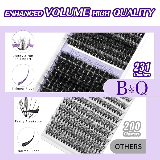 B&Q Fluffy Lash Clusters 100 200D Thick Lashes Eyelash Extensions Volume Lash Clusters 10-18mm Salon-style Dramatic Fluffy Lashes 280pcs Suitable for Beginners Makeup at Home(Lash-100+200D)