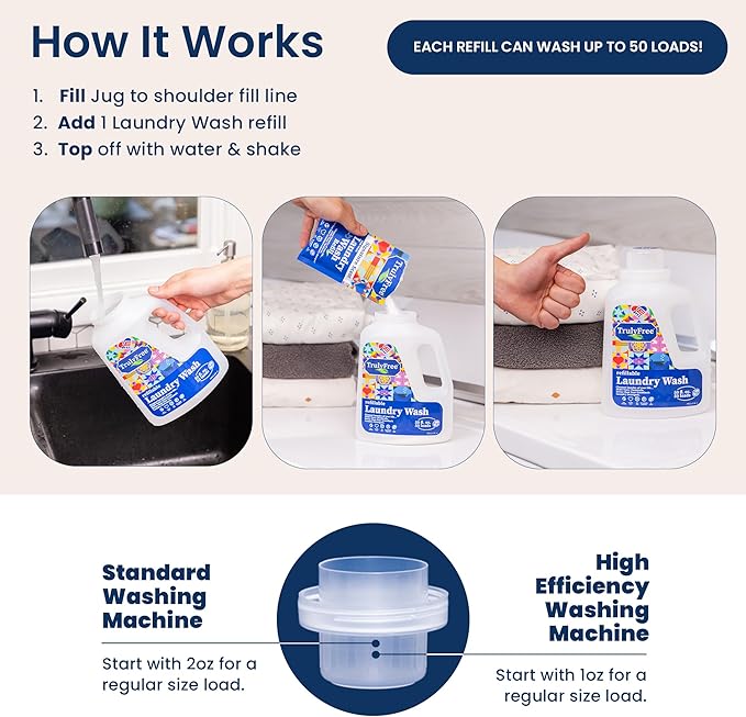 Truly Free Natural Laundry Detergent for Sensitive Skin | Eco Friendly, Plant Based, Baby Clothes Safe | Clean & Easy Powder to Liquid, 1 Pack Detergent + 1 Refillable Jug | Unscented, 150 Loads