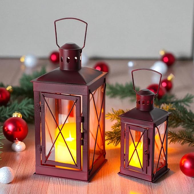 TRIROCKS Set of 2 Decorative Candle Lantern 14 & 10'' High Metal Candle Holder Hanging Lantern Perfect for Home Decor Patio Living Room Parties Events Tabletop Indoors Outdoors (Red)