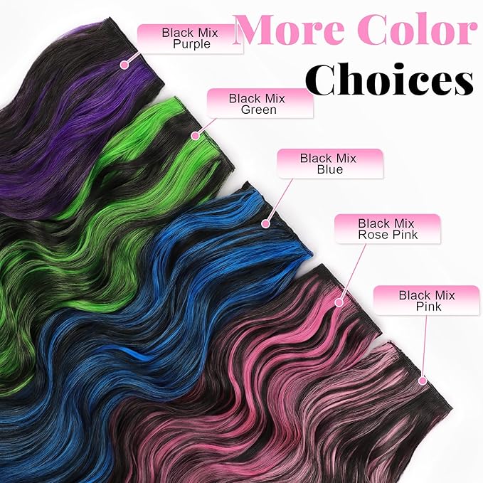 ALXNAN Clip in Long Wavy Synthetic Hair Extension 24 Inch Black Mix Green Highlights 4PCS Thick Hairpieces Fiber Double Weft Hair for Women