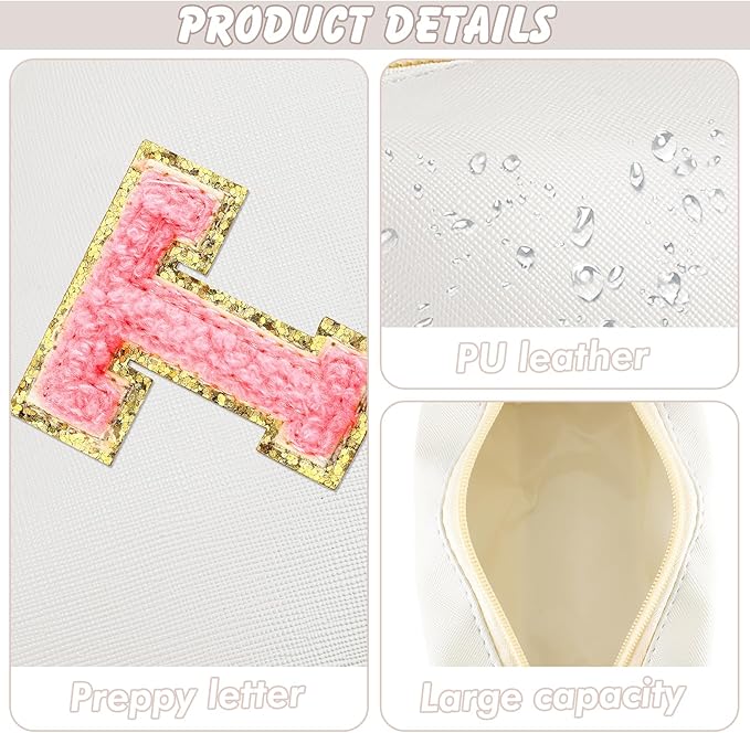 URSKYTOUS Initial Makeup Bag Personalized Preppy Travel Small Cosmetic Bag Cute PU White Chenille Letter Makeup Pouch for Purse Waterproof Zippered Toiletry Organizer for Women Girls Kids Friends (T)