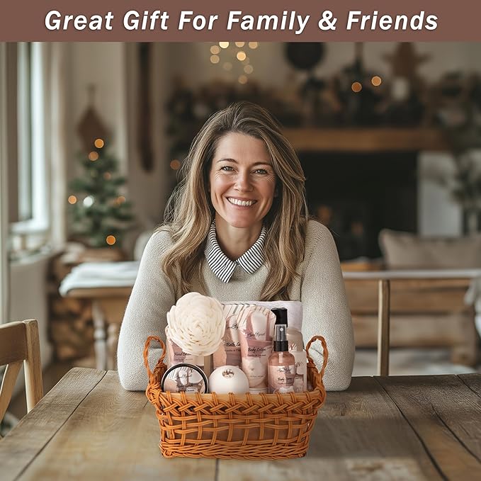 Spa Baskets For Women - Luxury Bath Set With Coconut & Vanilla - Spa Kit Includes Wash, Bubble Bath, Lotion, Bath Salts, Body Scrub, Body Spray, Shower Puff, Bathbombs, Soap and Towel