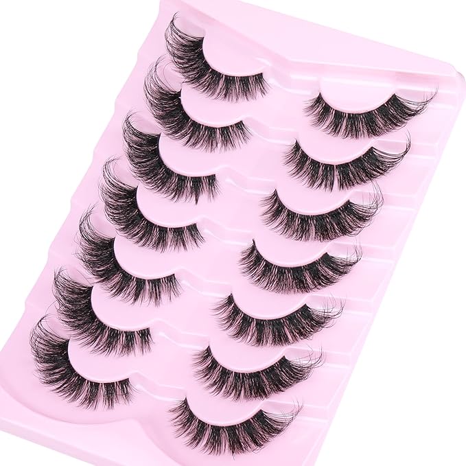 Wispy Lashes Cat Eye False Eyelashes Natural Lashes Fuzzy Strip Fake Eyelashes Fox Eye Lashes with Clear Band Lashes 7 Pairs