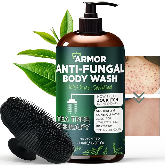 Antifungal Body Wash with Tea Tree Oil | Antifungal Soap for Back Acne,Treats Ringworm, Eczema & Jock Itch | Antifungal Body Soap For Men And Women | Includes Silicon Scrubber (16.9 oz)