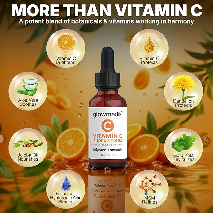 GlowMedik Vitamin C Serum for Face – Anti Aging Brightening Formula with Hyaluronic Acid, Vitamin E – Gentle for Sensitive Skin – Improves Dark Spots, Fine Lines & Wrinkles, Made in USA 30ml 1 fl oz