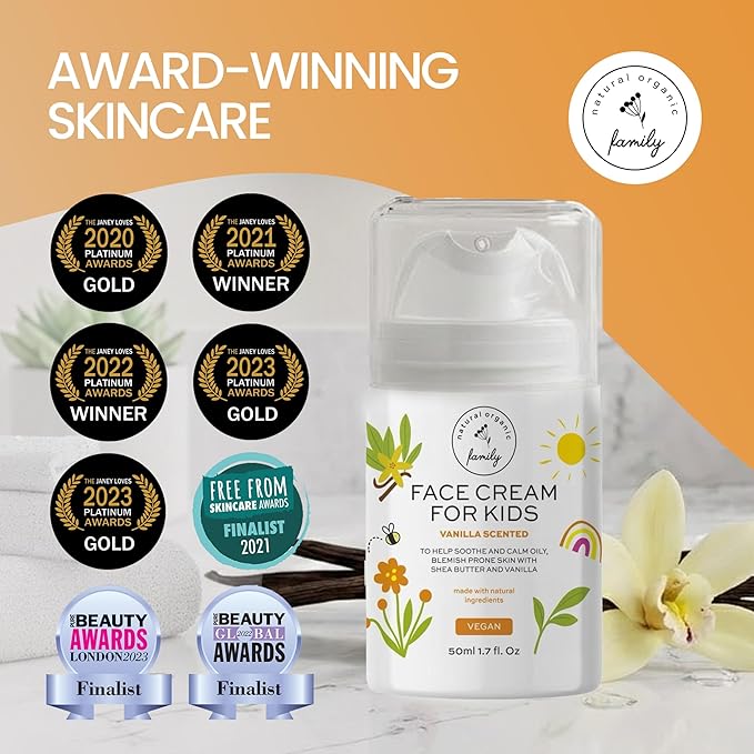 Kids Face Cream - Gentle and Calming Moisturizer Lotion for Sensitive Skin, Natural Hydration and Spot Control with Shea Butter, Tea Tree, Hyaluronic Acid, Vitamin E - Made in UK - Vanilla Scented