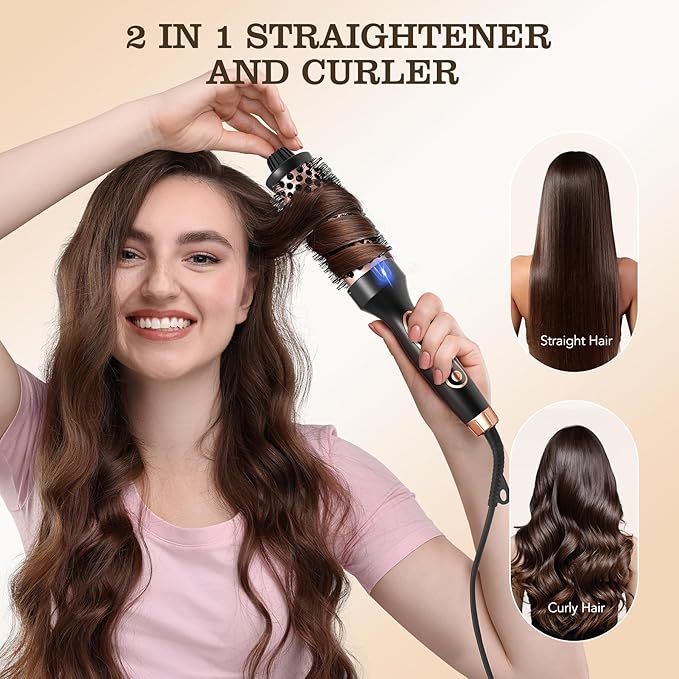 Thermal Brush, 1.5 inch Heated Round Brush Hair Curling Brush for Natural Curl, Straightener and Curler 2 in 1, Negative Ion Technology, 9 Temperature Settings, Dual Voltage for Travel, Black