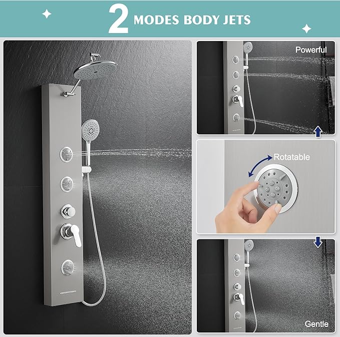 KINKIB Shower Panel Tower System with Adjustable Shower Head, Self-Cleaning Shower Tower with 2-Setting Powerful Body Jets and 5-Function Handheld Shower, Shower Column Brushed Stainless Steel