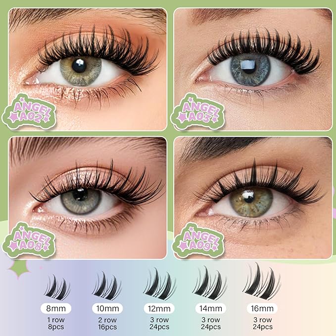 KEYYOU LASH Extension Kit 120Pcs Angel Lash Clusters Kit Thick Eyelash Extension Kit with Glue and Seal,Tweezers,Remover for DIY lash extension kit at Home（Kit-Angel A09-D-8-16MIX）