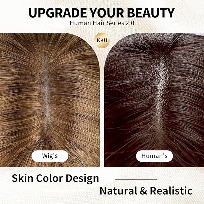 KKU 16 Inch Brown and Gold Ombre Human Hair Wigs for Women,Layered Straight Hair Wig with Bangs,Wear Natural Realism