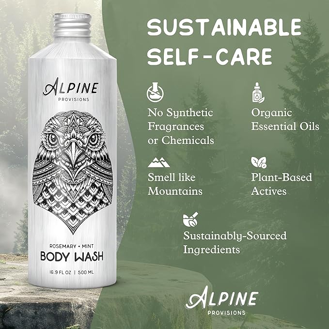 Alpine Provisions Natural & Organic Body Wash with Rosemary & Mint – Moisturizing Shower Gel with Aloe Vera, Coconut Oil & Essential Oils – Vegan, Sulfate-Free, Plastic-Free – 16.9 fl oz