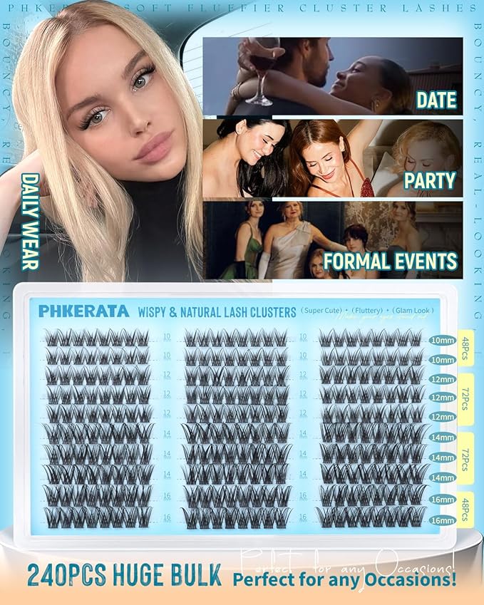 Eyelash Clusters Natural Lash Clusters Eyelash Extensions 240Pcs Wispy Cluster Lashes 10-16mm Lash Extension DIY Soft C Curly Individual Lashes with Thin Lash Band