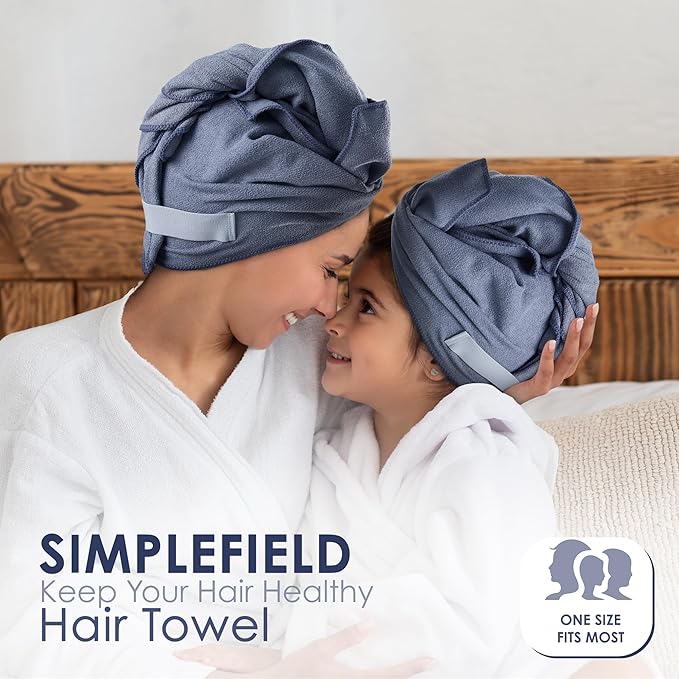 Large Microfiber Hair Towel Wrap for Women (27x40 Inches). Anti Frizz Rectangle Fast Drying Towel with Elastic Band for Long, Curly, and Thick Hair. Includes Reusable Carry Bag (Grey)