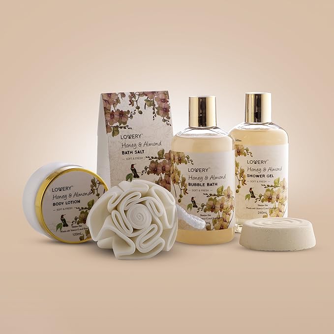 Womens Gifts, Gift Baskets for Women Who Have Everything, Home Spa Honey & Almond Scent, Luxury Bath & Body Set - Shower Gel, Bubble Bath, Body Lotion, Salts, Bath Bomb, Bath Puff & Handmade Basket