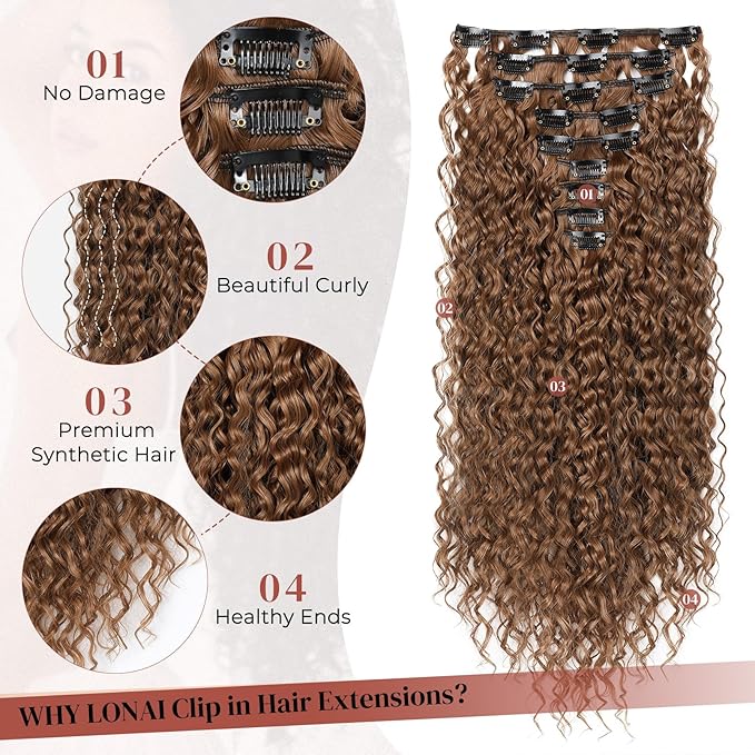 LONAI Black Hair Extension,9PCS 22" Curly Clip in Hair Extensions LN002 Long Soft Thick Synthetic Hairpieces for Women-Auburn Chestnut brown