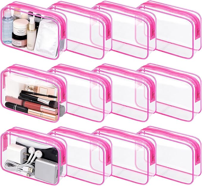 Eilyliafe 12PCS Clear Cosmetic Bag Transparent Makeup Bag for Women Men Waterproof Travel Makeup Clear Toiletry Organizer Cosmetic Storage Pouch Case with Zipper (Rose Red, Medium)