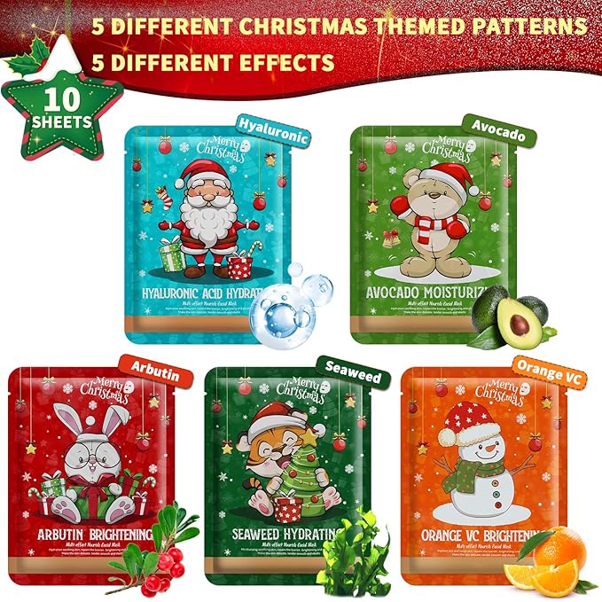 YTRAJU 10 Pack Christmas Face Masks Skincare for Christmas Gifts, Face Sheet Masks for Christmas Stocking Stuffers, Hydrating and Bightening, Holiday Face Masks Christmas Gifts for Teens Girls Women