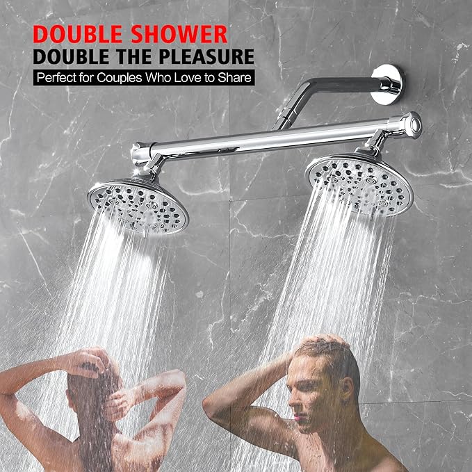 sumerain Luxurious 6" High Pressure Dual Shower Head Combo with 6 Settings and 20" Long Shower Arm for Couples, Chrome Finish